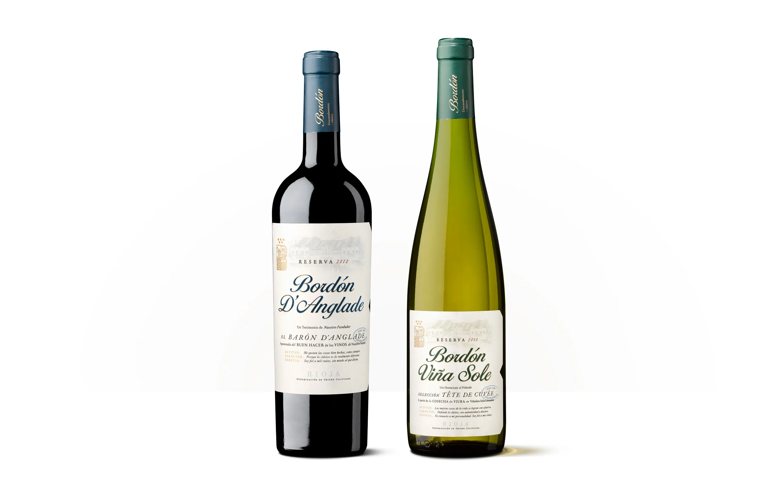 Siluetas de dos botellas de Bordón D’Anglade y Bordón Viña Sole, una de vino tinto y otra de vino blanco.