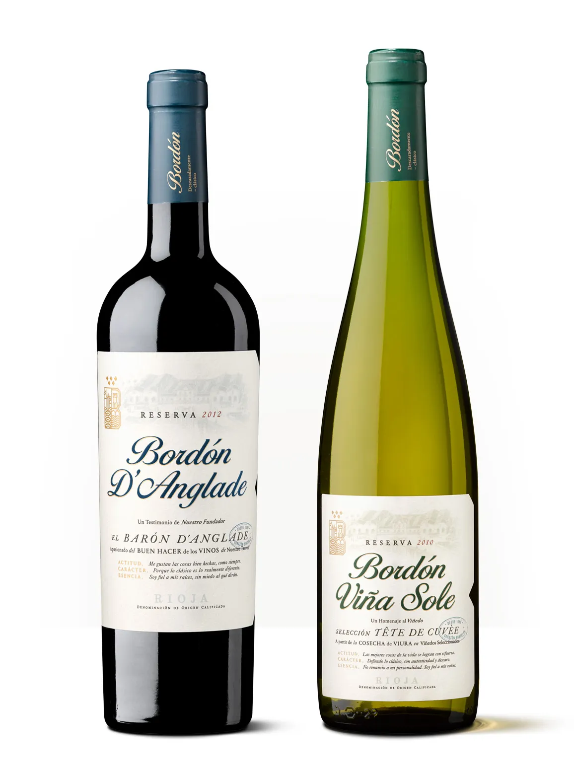 Siluetas de dos botellas de Bordón D’Anglade y Bordón Viña Sole, una de vino tinto y otra de vino blanco.