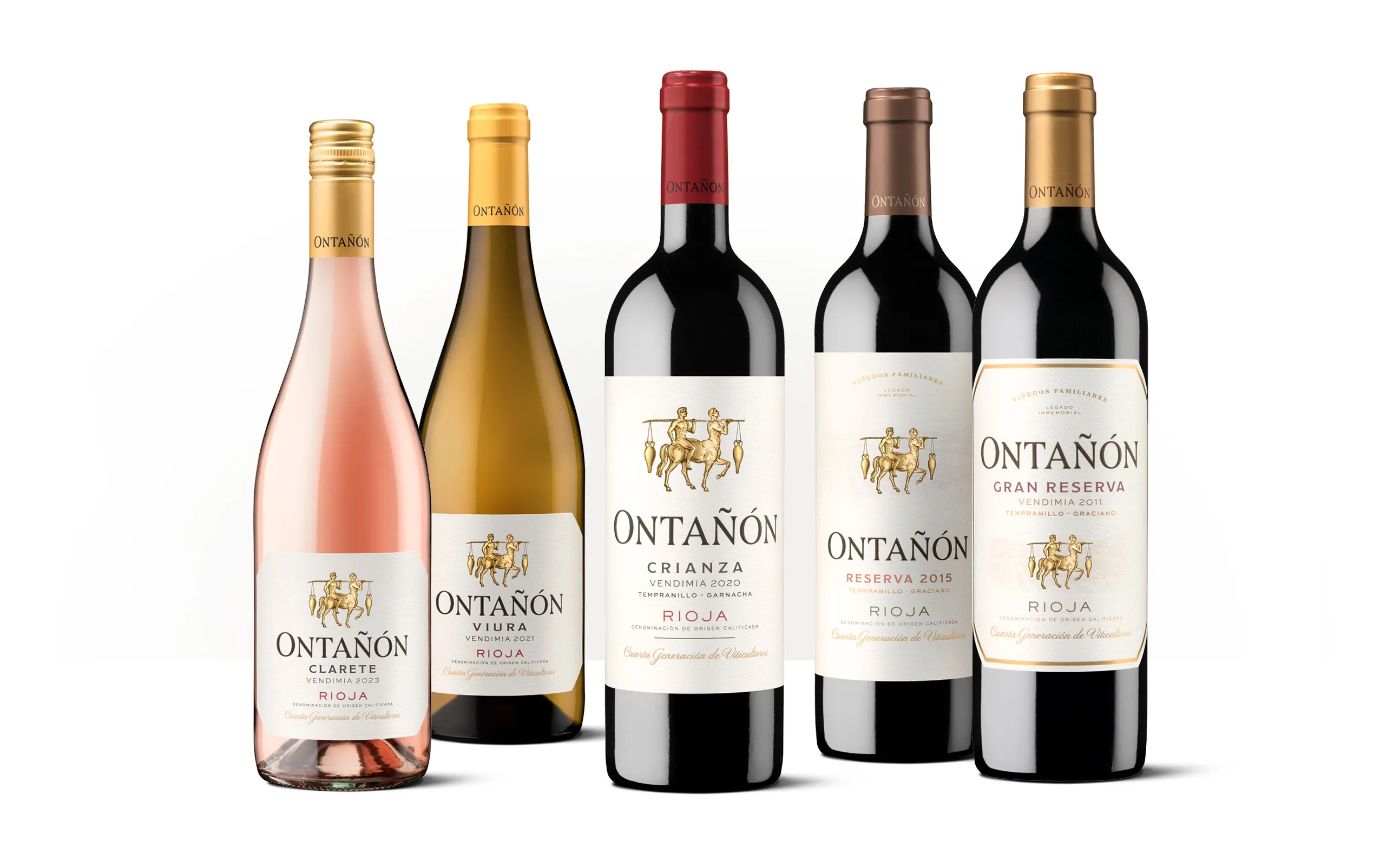 Siluetas de cinco botellas de la colección Clásicos de Bodegas Ontañón, con etiquetas ilustradas y escudos dorados.