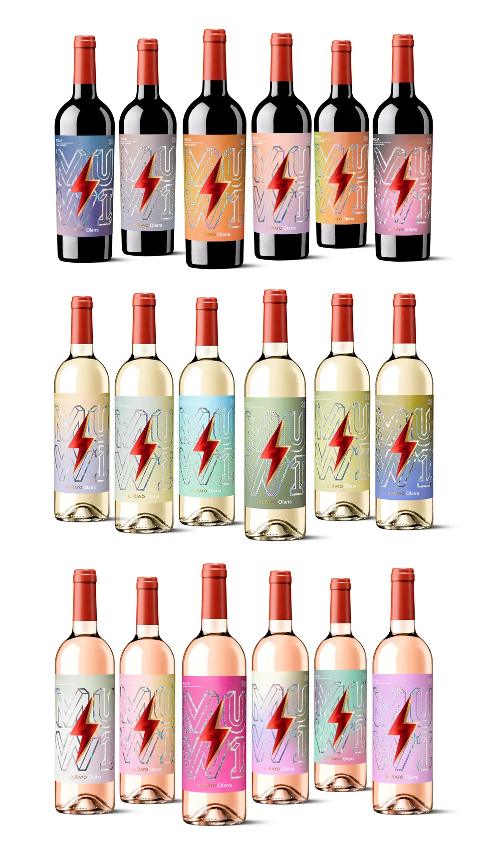 Siluetas de botellas de EL RAYO Olarra Edición Especial Muwi con etiquetas de distintas combinaciones cromáticas y el rayo rojo como emblema.