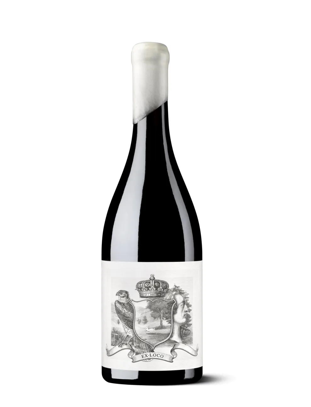 Silueta de una botella de Ex Loco con una etiqueta de inspiración heráldica y paisaje ilustrado.