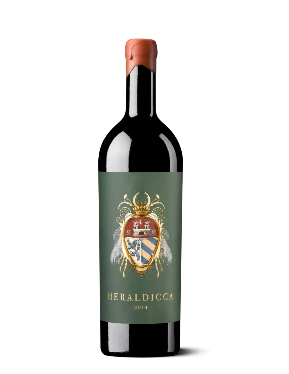 Silueta de una botella de Heraldicca, con etiqueta verde ilustrada con un escarabajo y un escudo heráldico.