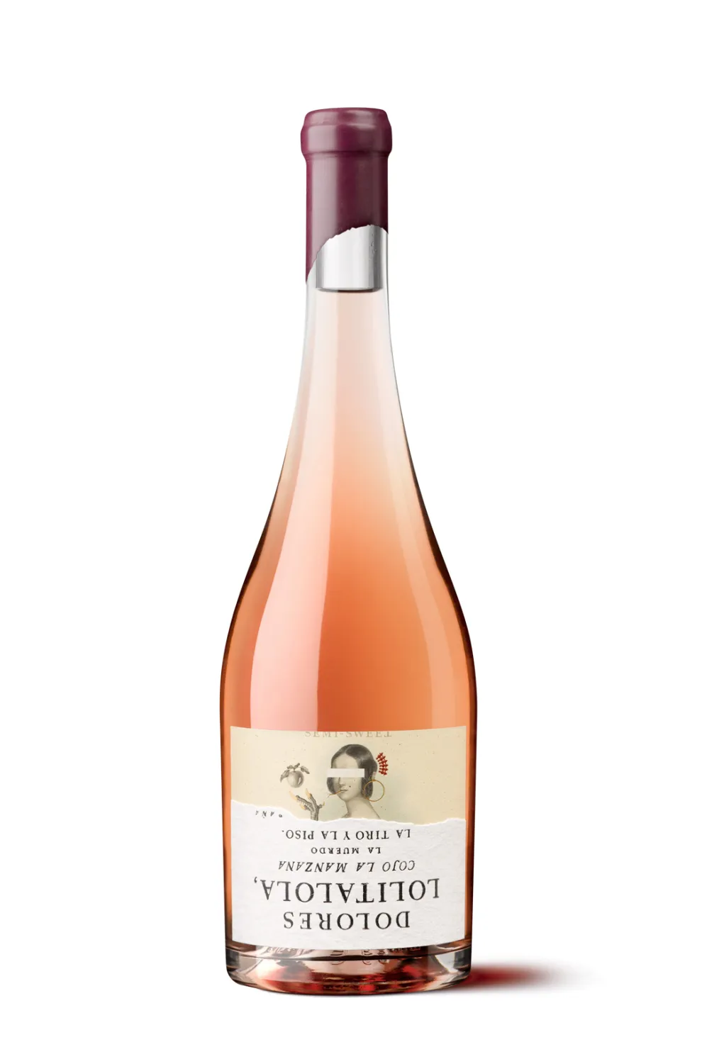 Silueta de una botella de Dolores Lolitalola, etiqueta de vino rosado con una ilustración de inspiración española.