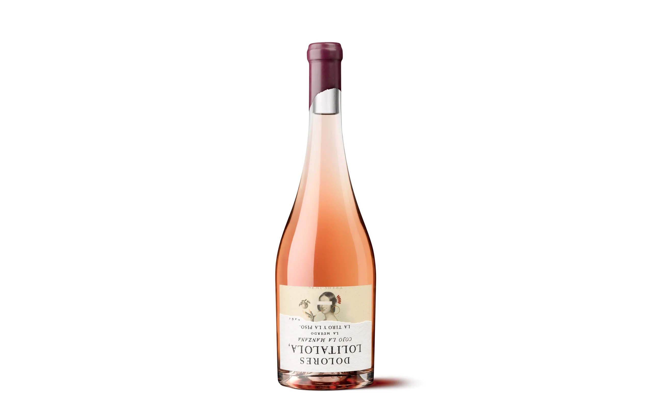 Silueta de una botella de Dolores Lolitalola, etiqueta de vino rosado con una ilustración de inspiración española.