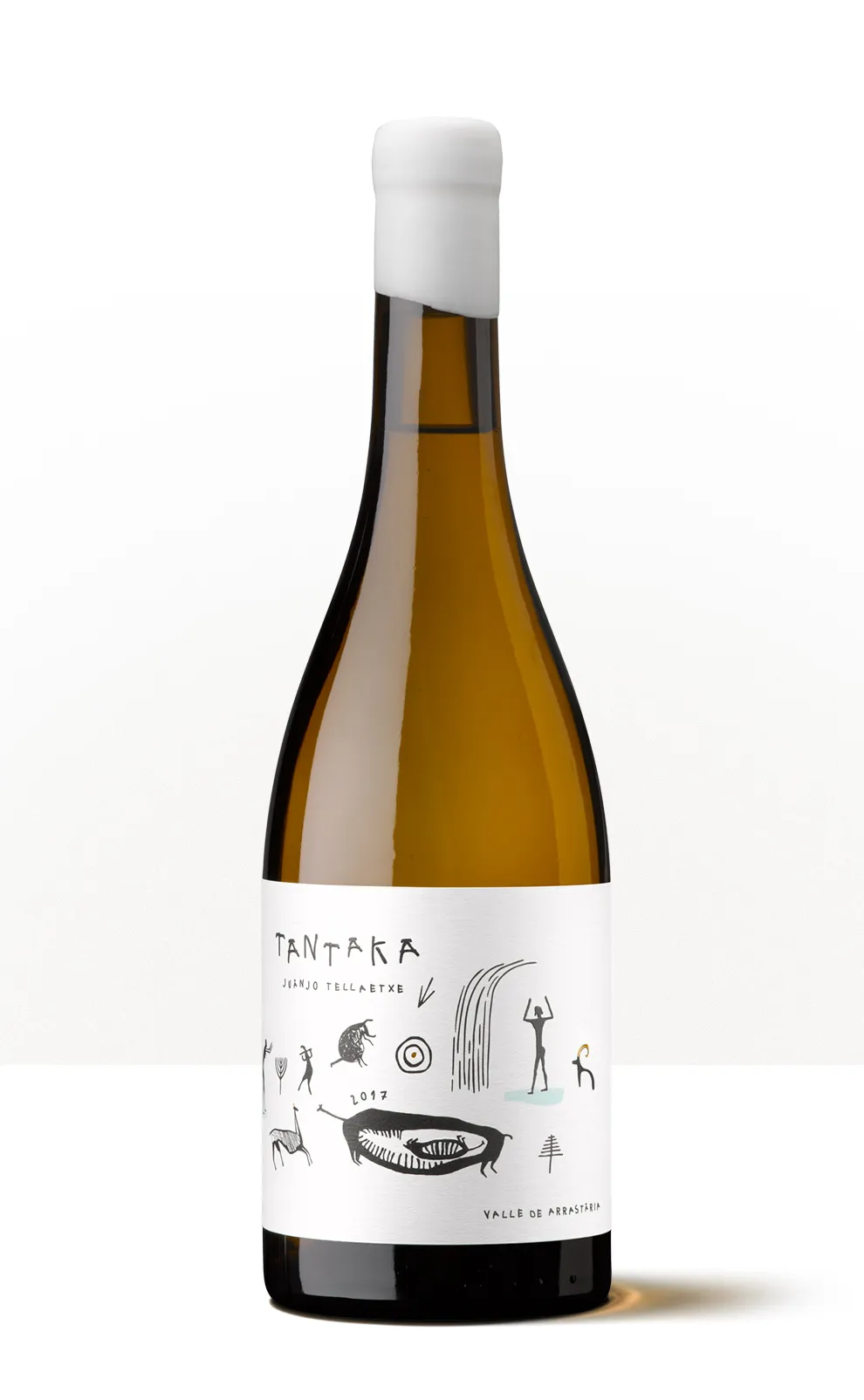 Silueta de una botella de Tantaka, vino blanco del Valle de Arrastaria con etiqueta ilustrada inspirada en el agua y el paisaje.