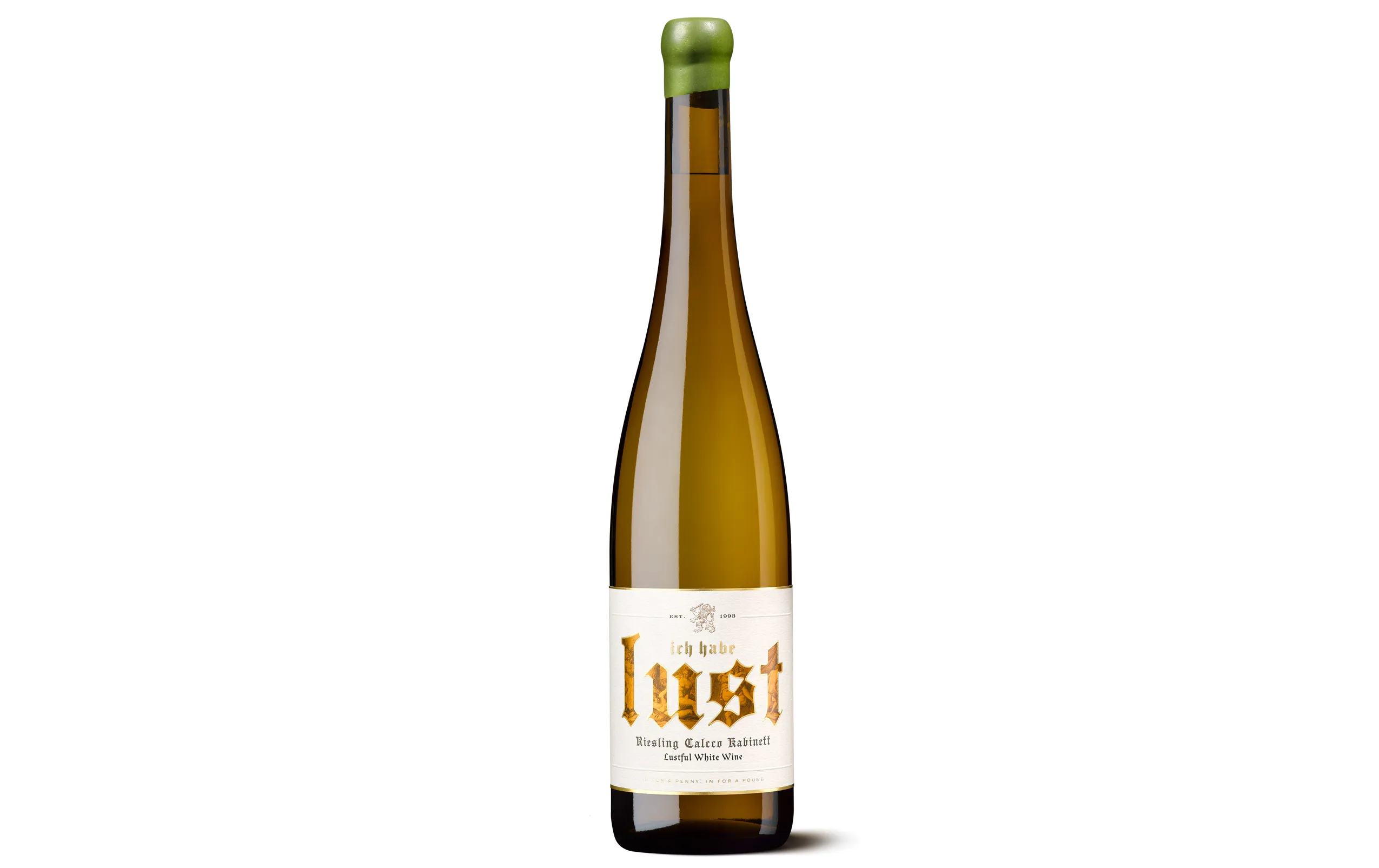 Silueta de una botella de Lust, vino tinto con una etiqueta de tipografía gótica.