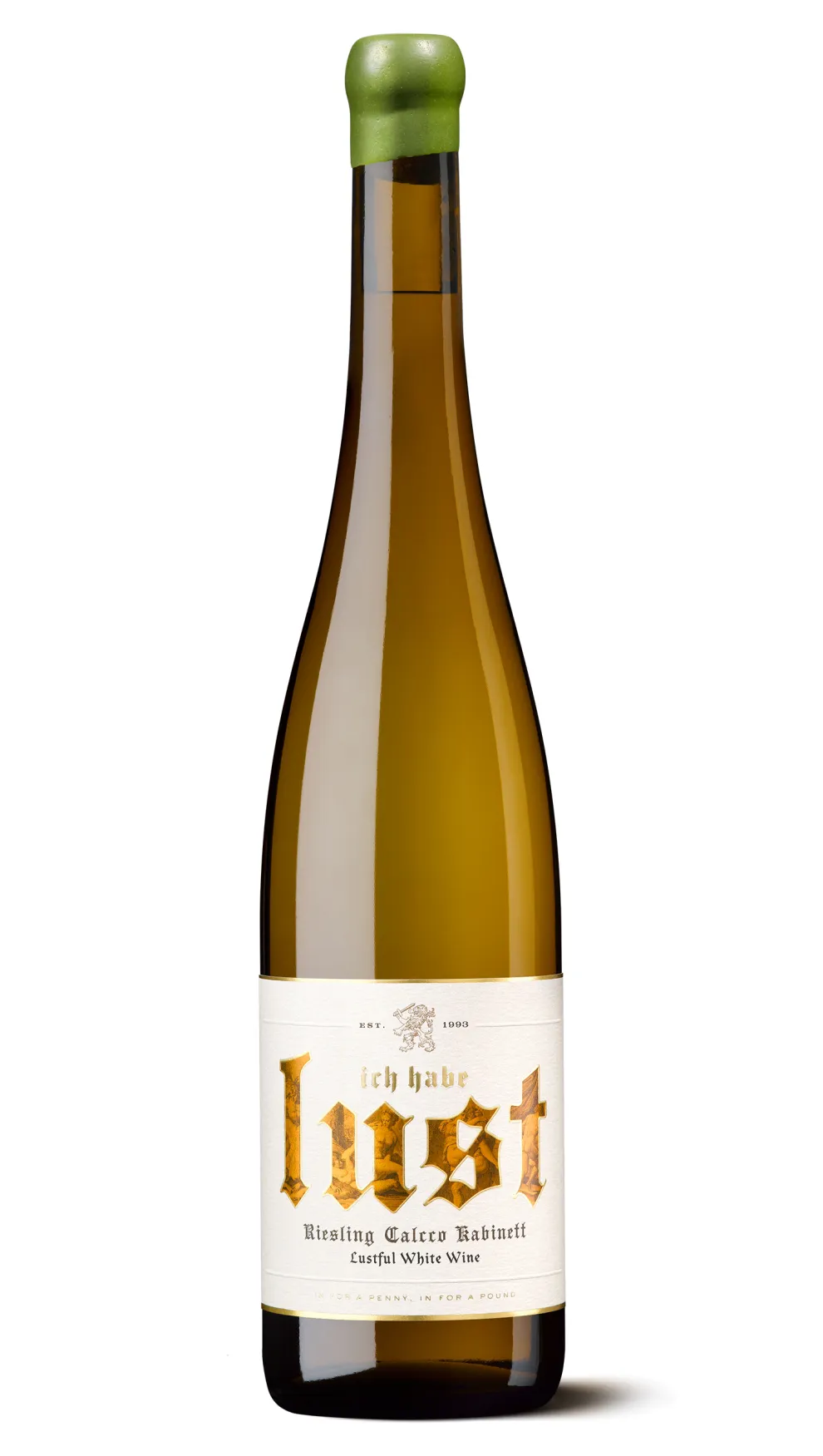 Silueta de una botella de Lust, vino tinto con una etiqueta de tipografía gótica.
