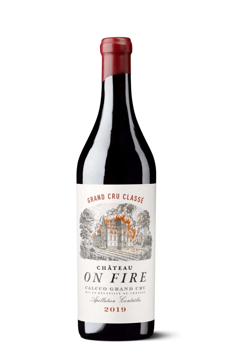 Silueta de una botella de Château on fire, con etiqueta ilustrada de un château en llamas.