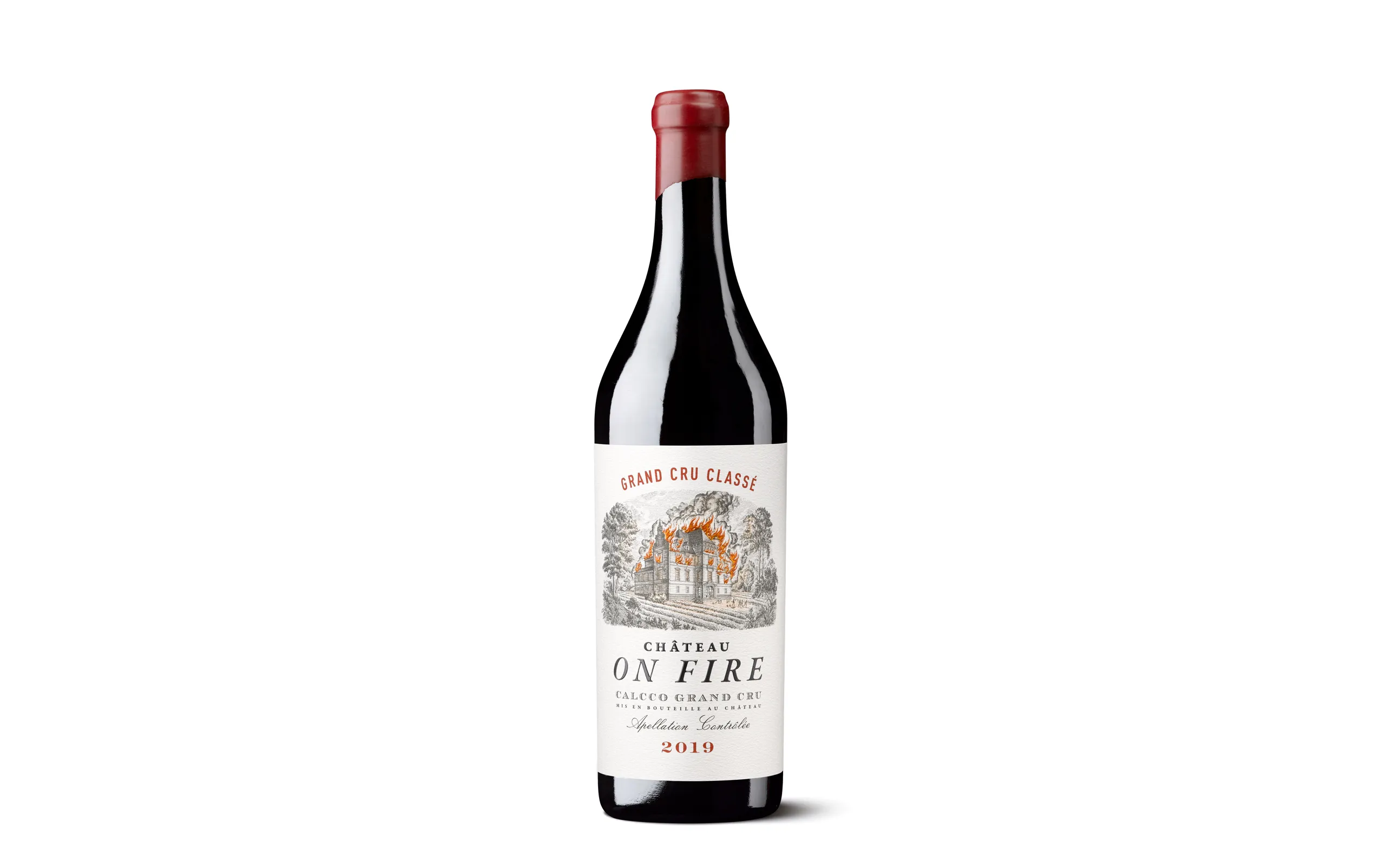 Silueta de una botella de Château on fire, con etiqueta ilustrada de un château en llamas.