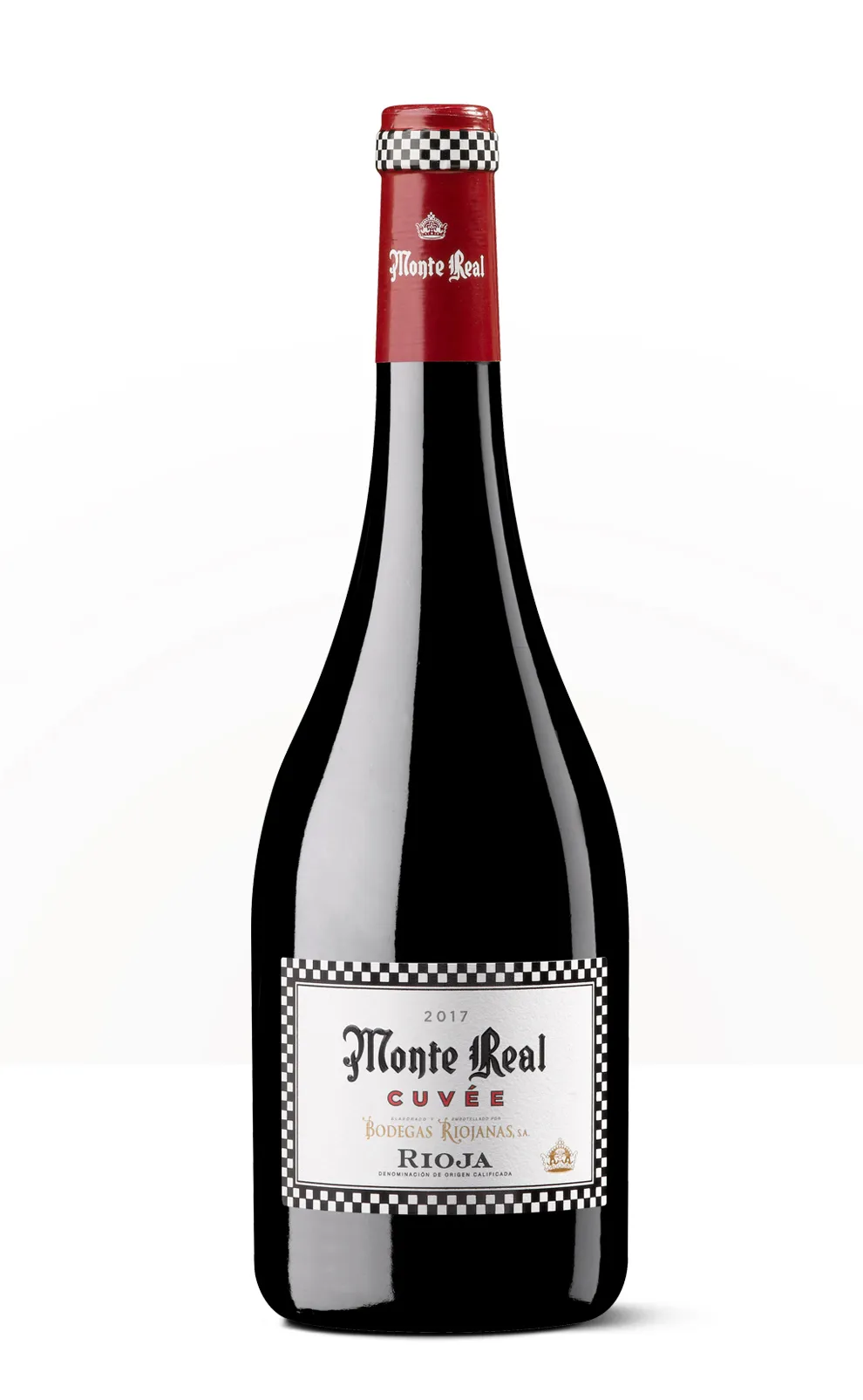 Silueta de una botella de Monte Real Cuvée, con etiqueta clásica de Bodegas Riojanas.