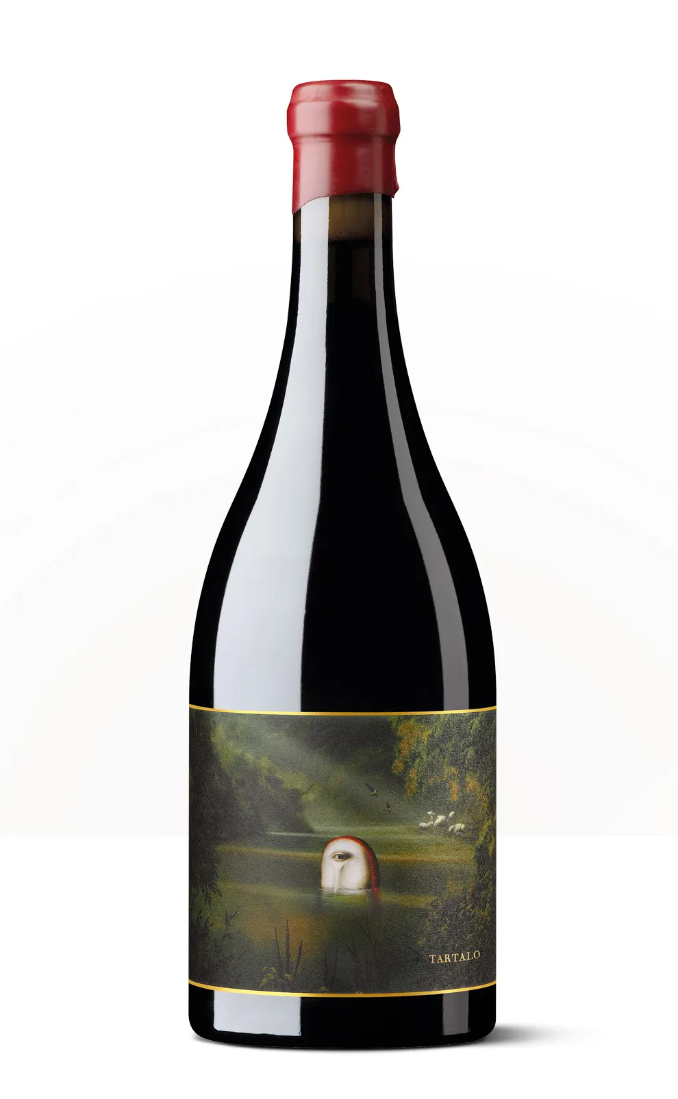 Silueta de una botella de Tartalo de Oxer Wines, con etiqueta oscura y una figura mitológica.