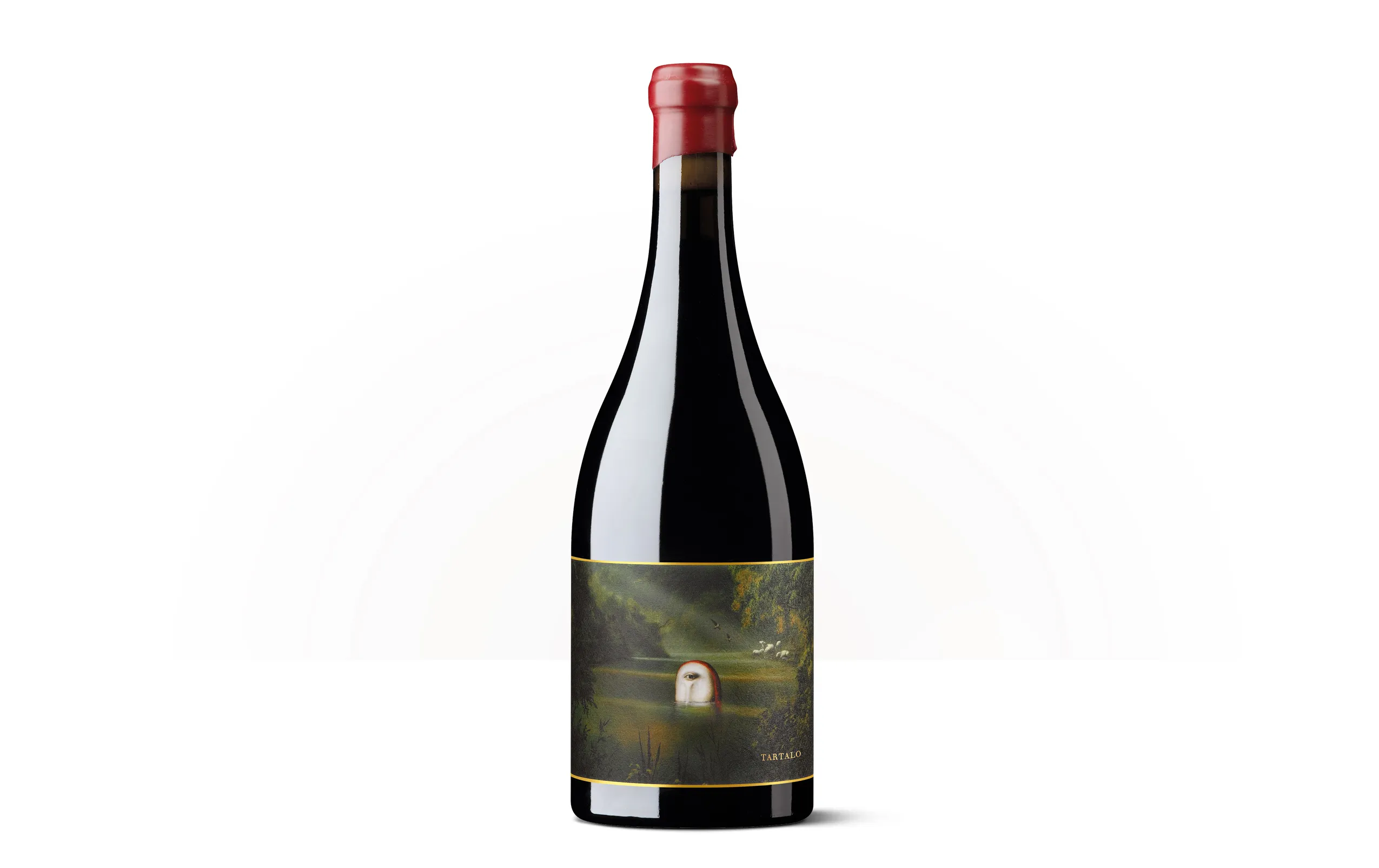 Silueta de una botella de Tartalo de Oxer Wines, con etiqueta oscura y una figura mitológica.