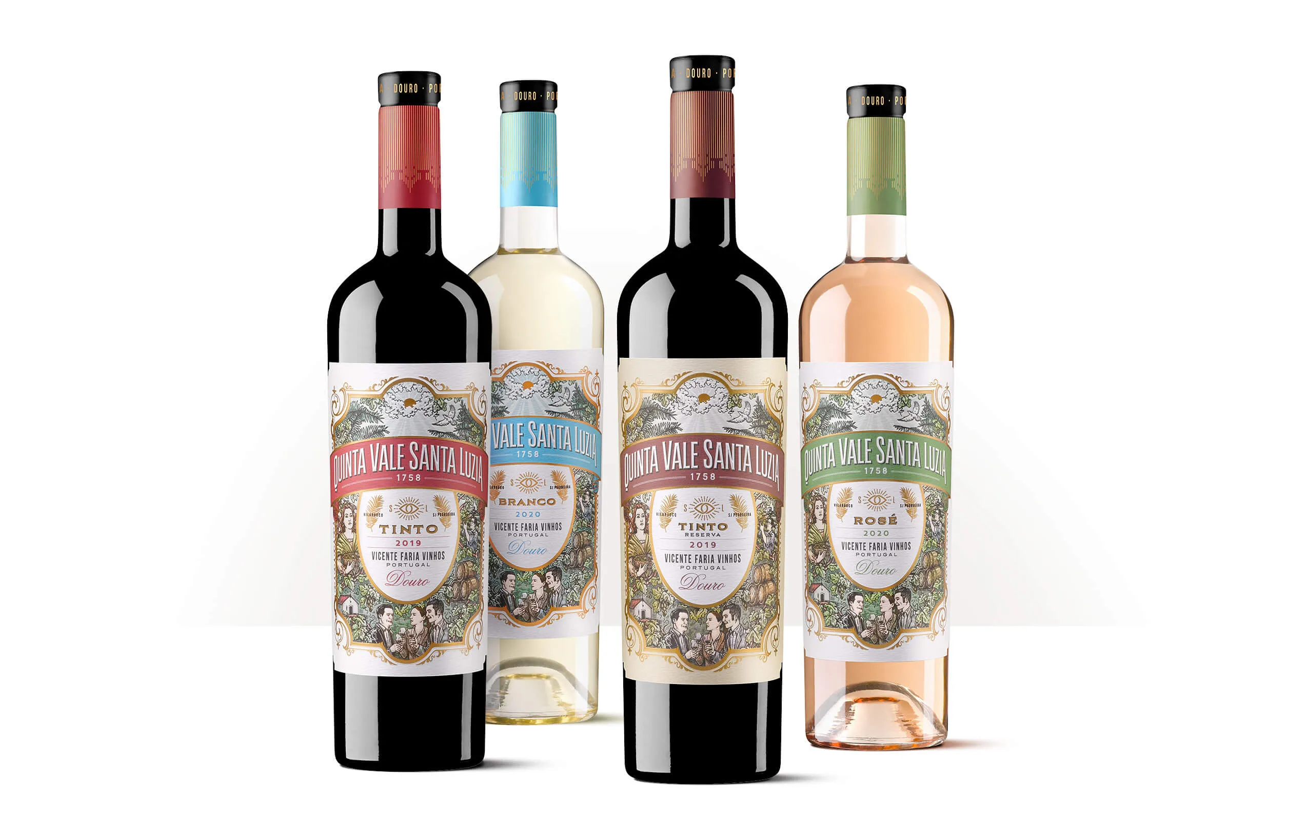 Siluetas de cuatro botellas de Quinta Vale Santa Luzia, vinos del Douro con etiquetas ilustradas de inspiración portuguesa.