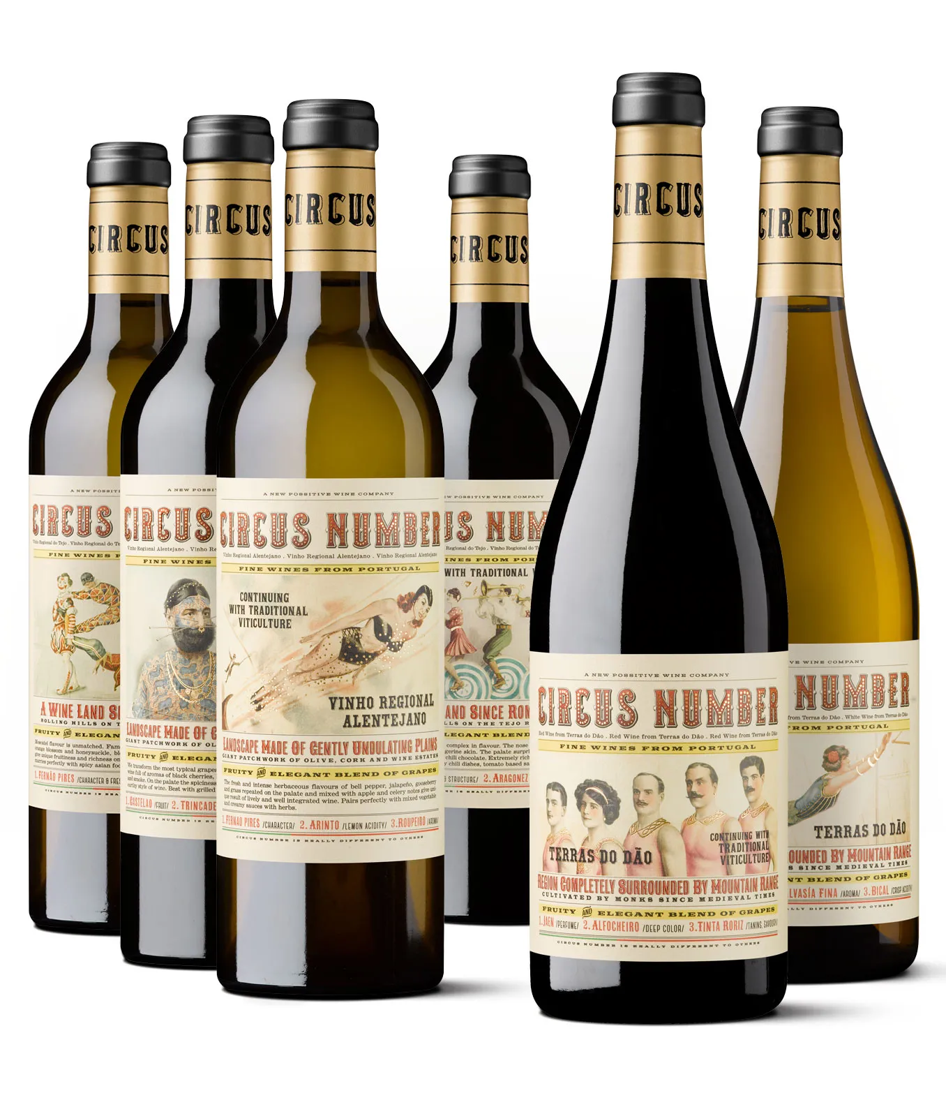Siluetas de varias botellas de Circus Number, vinos portugueses con etiquetas de estilo retro inspiradas en carteles de circo.