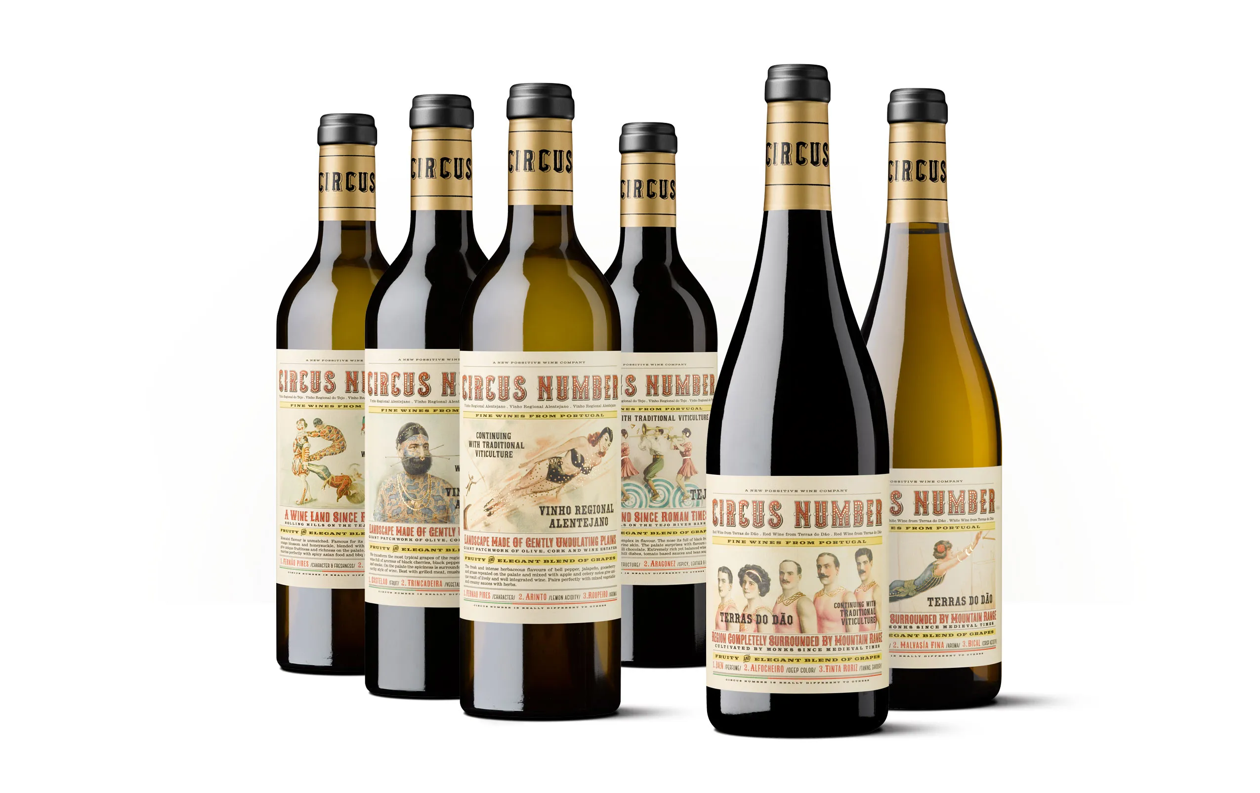 Siluetas de varias botellas de Circus Number, vinos portugueses con etiquetas de estilo retro inspiradas en carteles de circo.