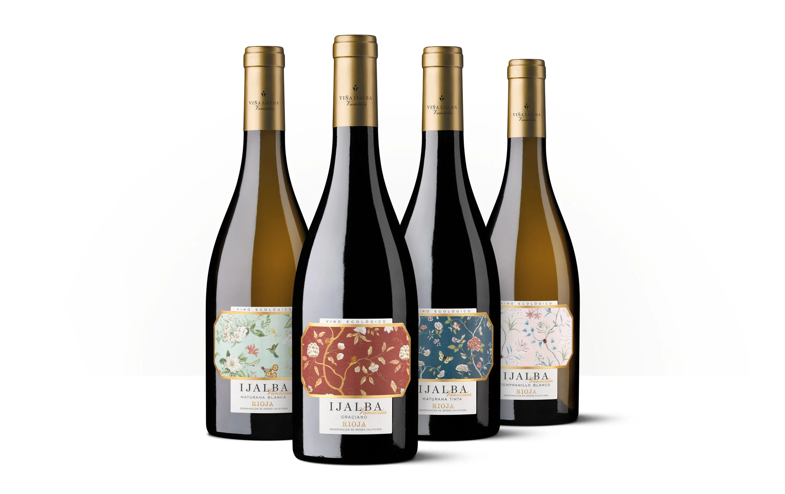 Siluetas de cuatro botellas de Ijalba Varietales, vinos ecológicos de variedades minoritarias de Rioja.
