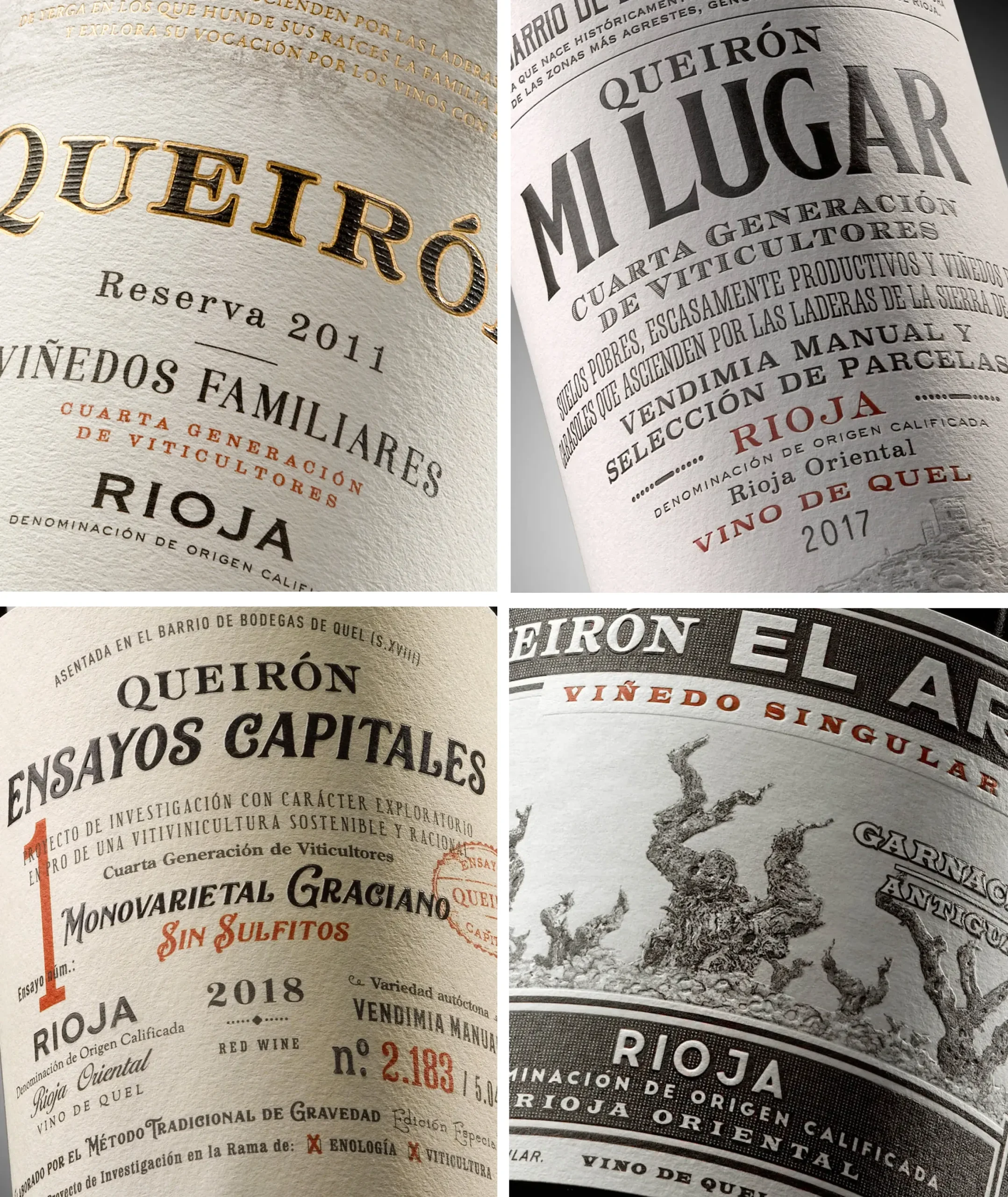 Cuatro etiquetas de vinos de Queirón con diseños de inspiración histórica y tipografía clásica.