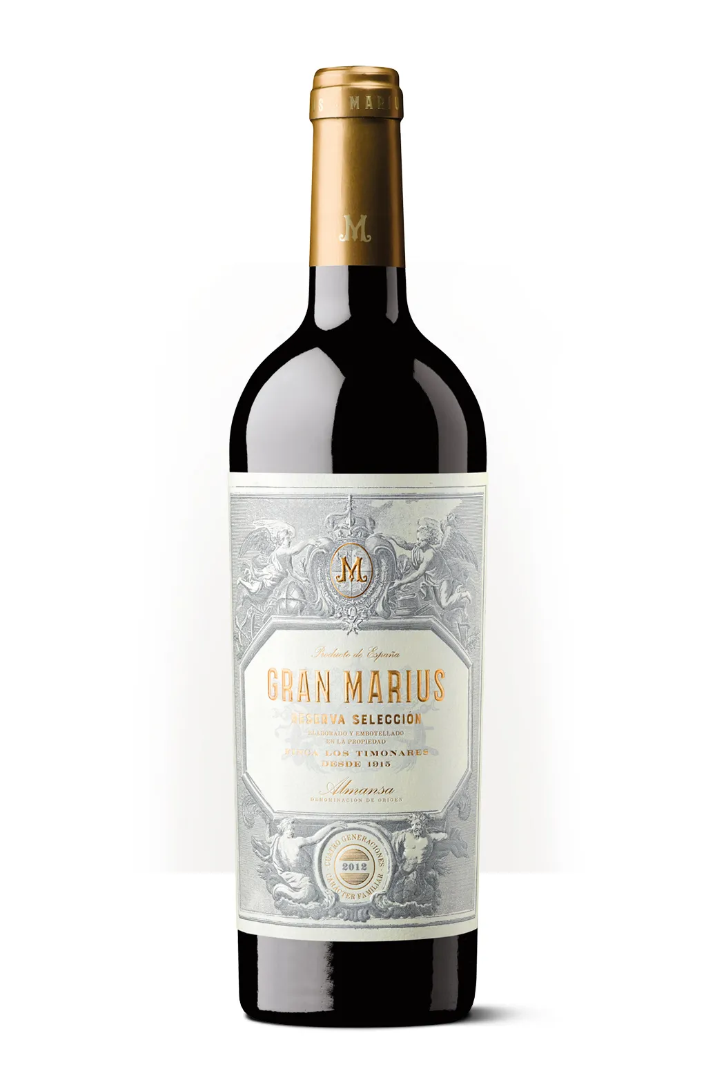 Silueta de una botella de Gran Marius, vino de Bodegas Piqueras con una etiqueta ornamental y acabados gráficos de gran detalle.