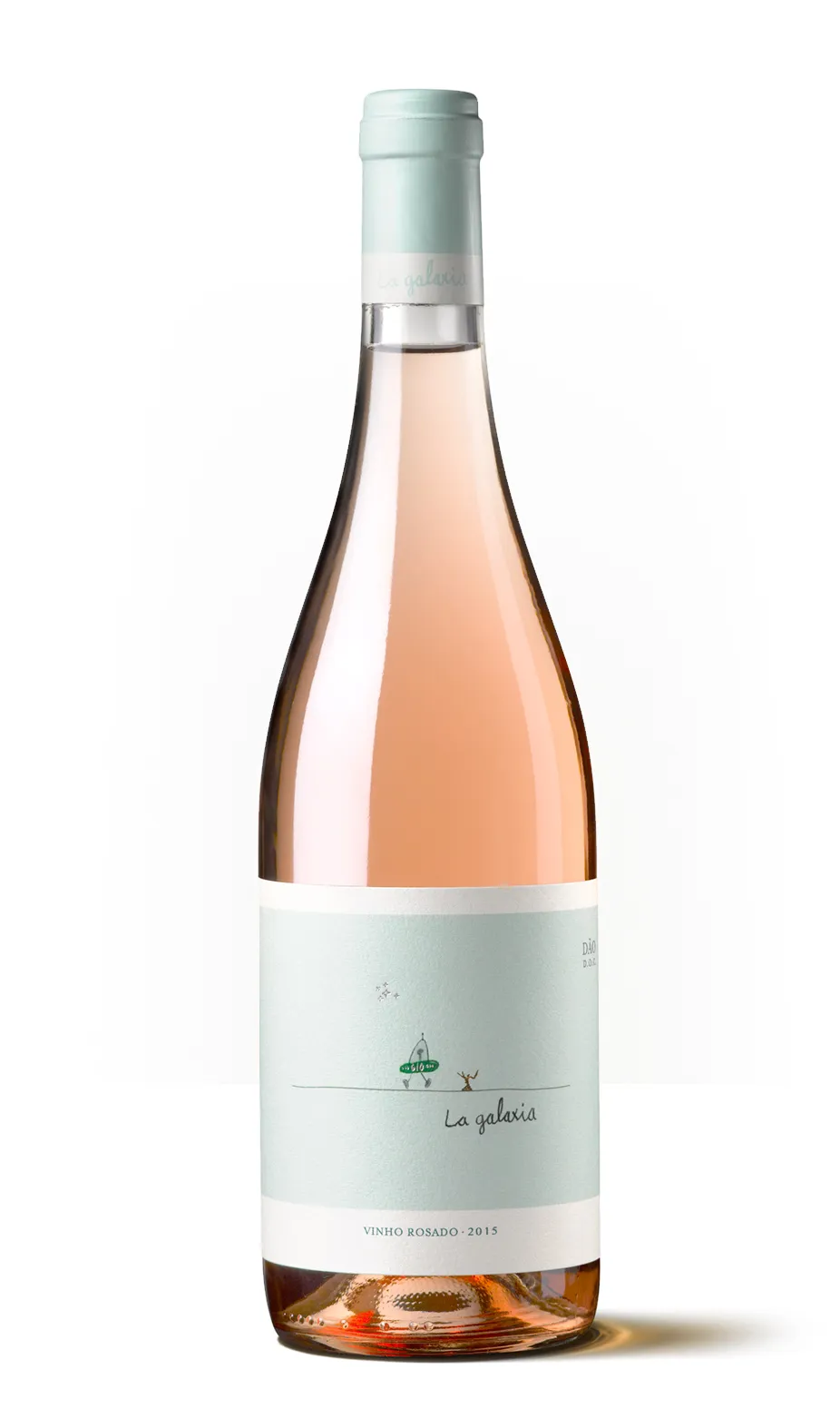Silueta de una botella de La Galaxia, vino rosado de Dão con una ilustración infantil de un extraterrestre en el viñedo.