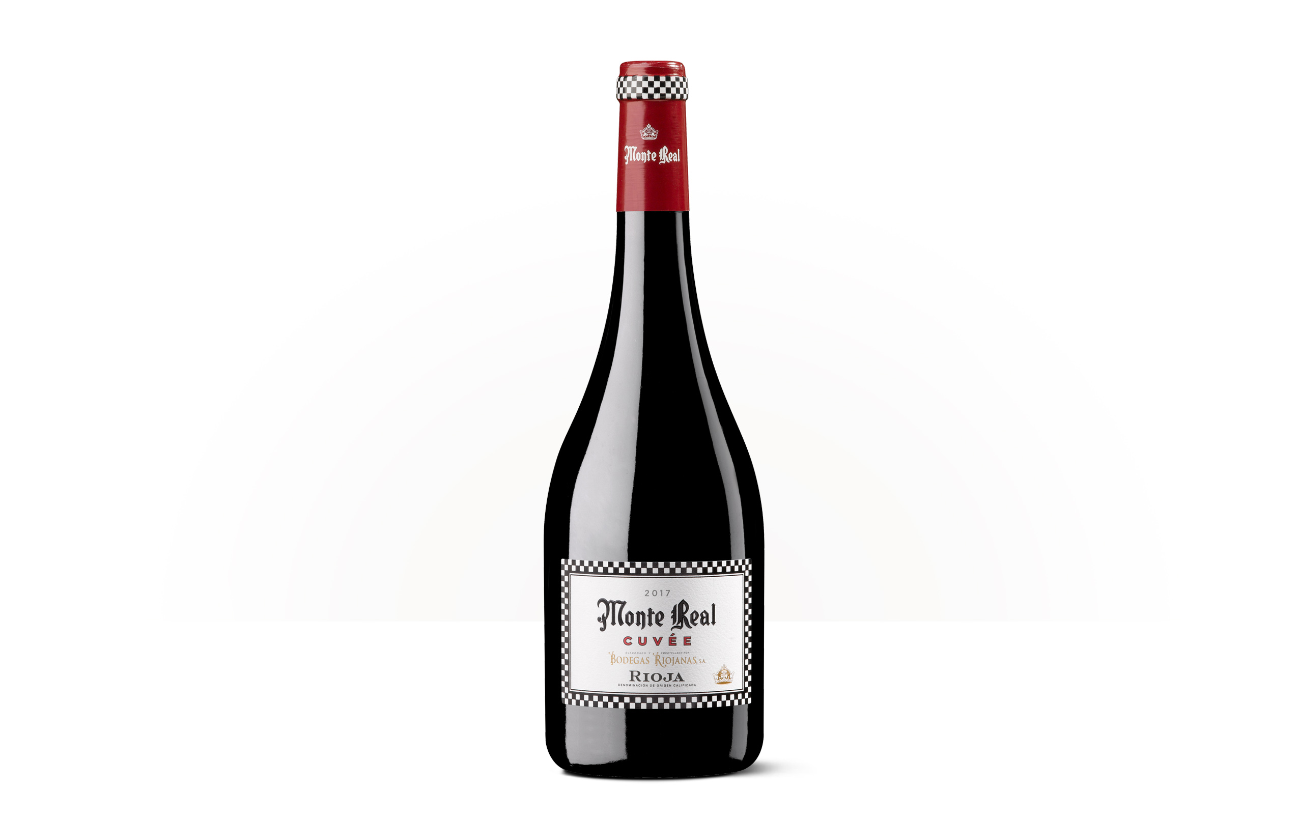 Silueta de una botella de Monte Real Cuvée, con etiqueta clásica de Bodegas Riojanas.