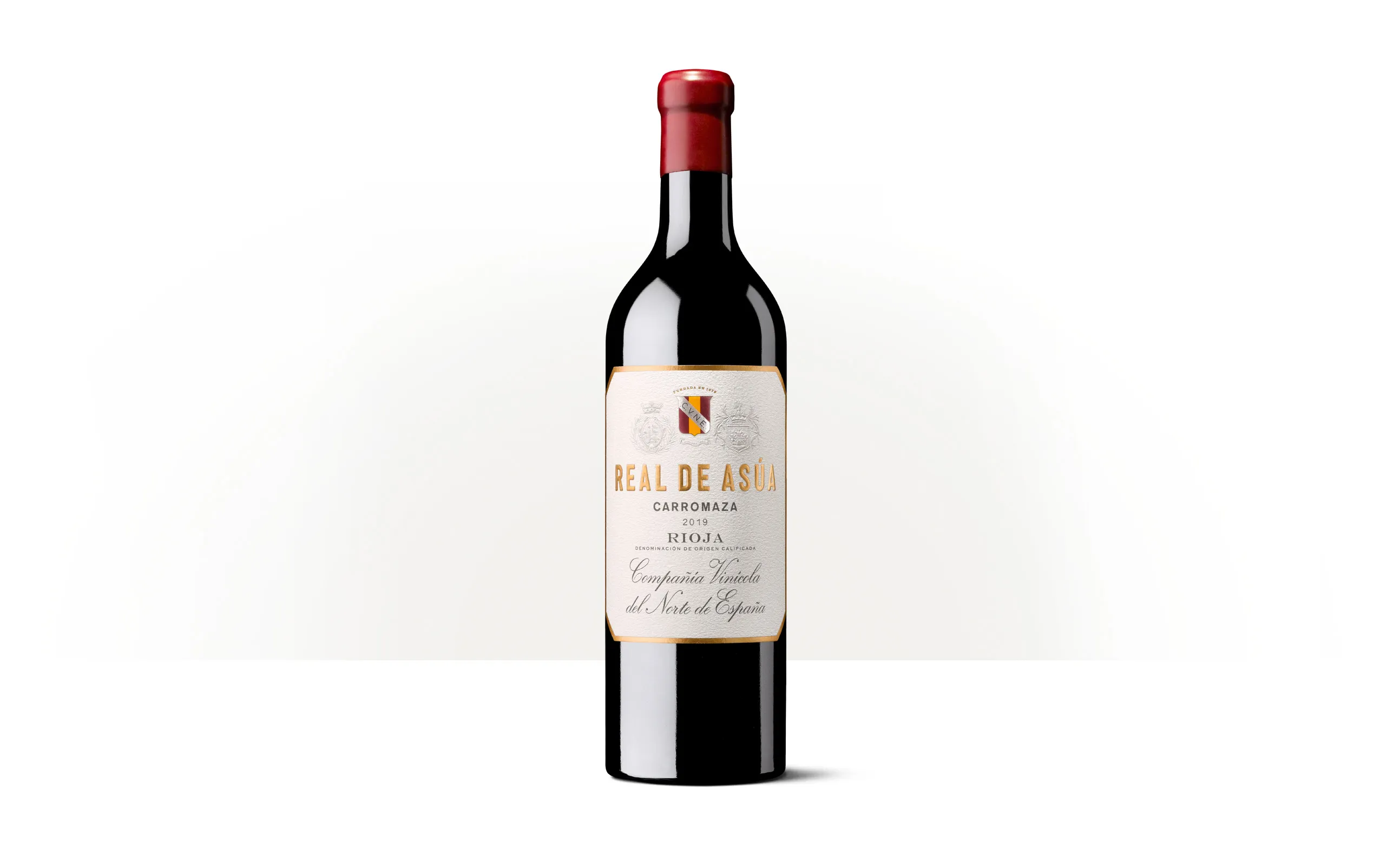 Silueta de una botella de Real de Asúa de CVNE, con etiqueta clara y escudos de Haro y Bilbao.