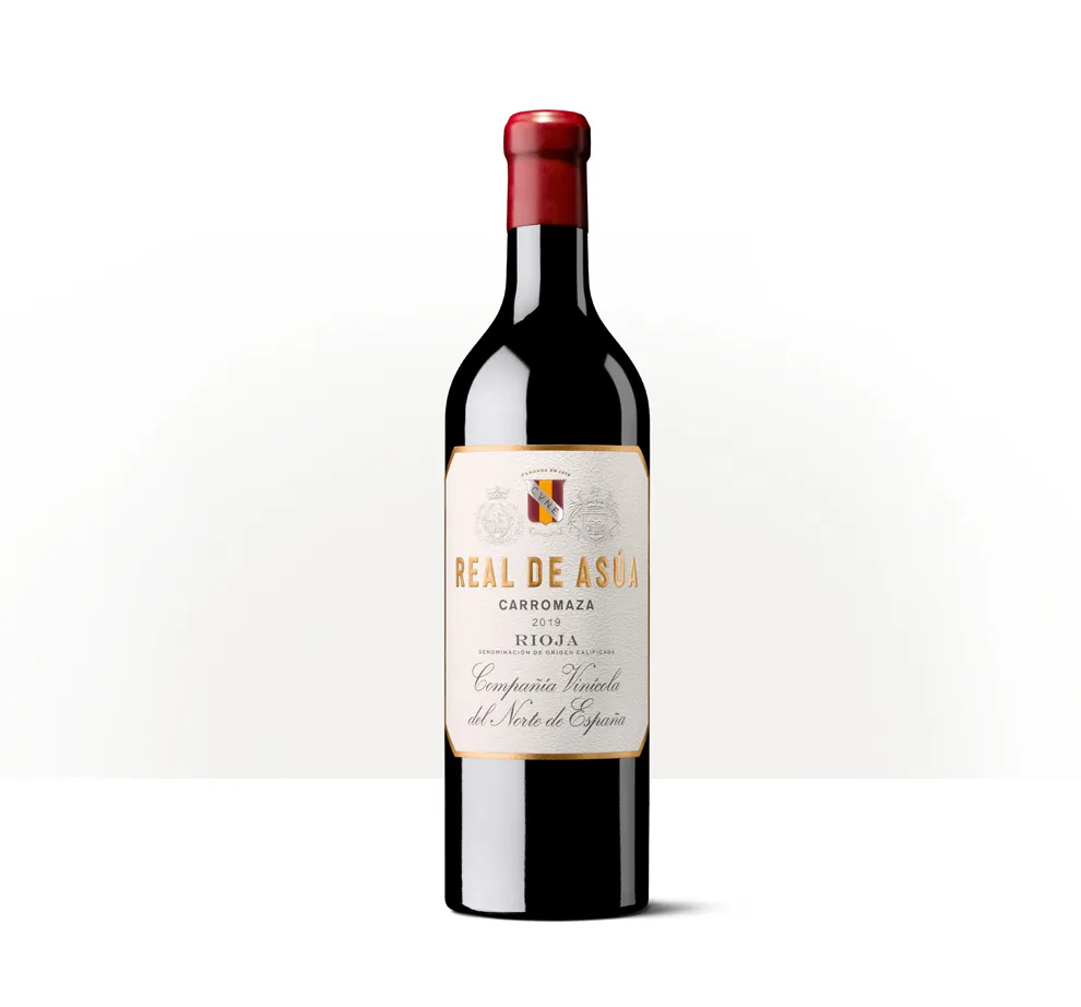 Silueta de una botella de Real de Asúa de CVNE, con etiqueta clara y escudos de Haro y Bilbao.