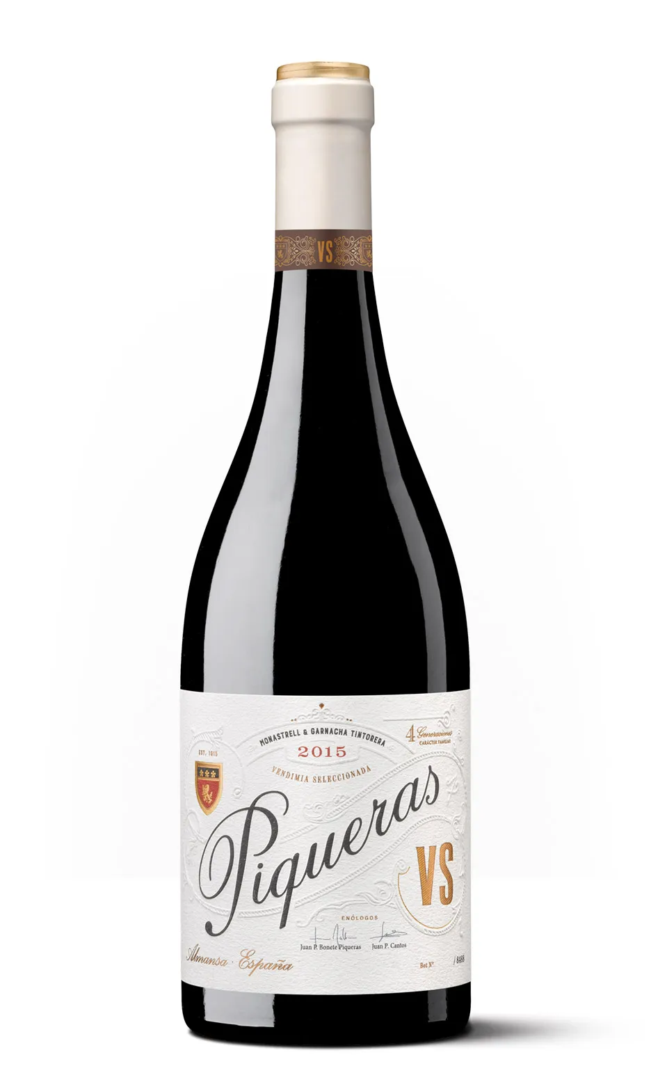 Silueta de una botella de Piqueras VS, vino tinto de edición limitada con una etiqueta clásica.