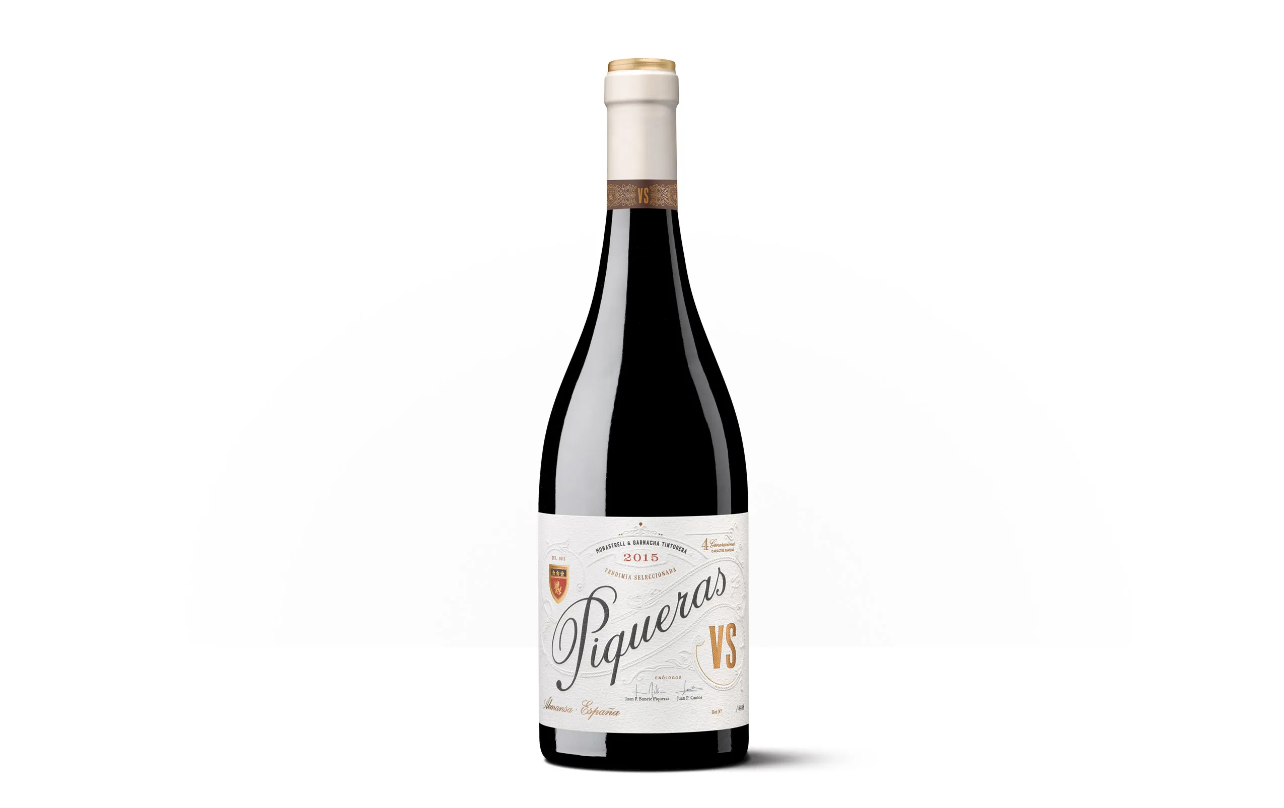 Silueta de una botella de Piqueras VS, vino tinto de edición limitada con una etiqueta clásica.
