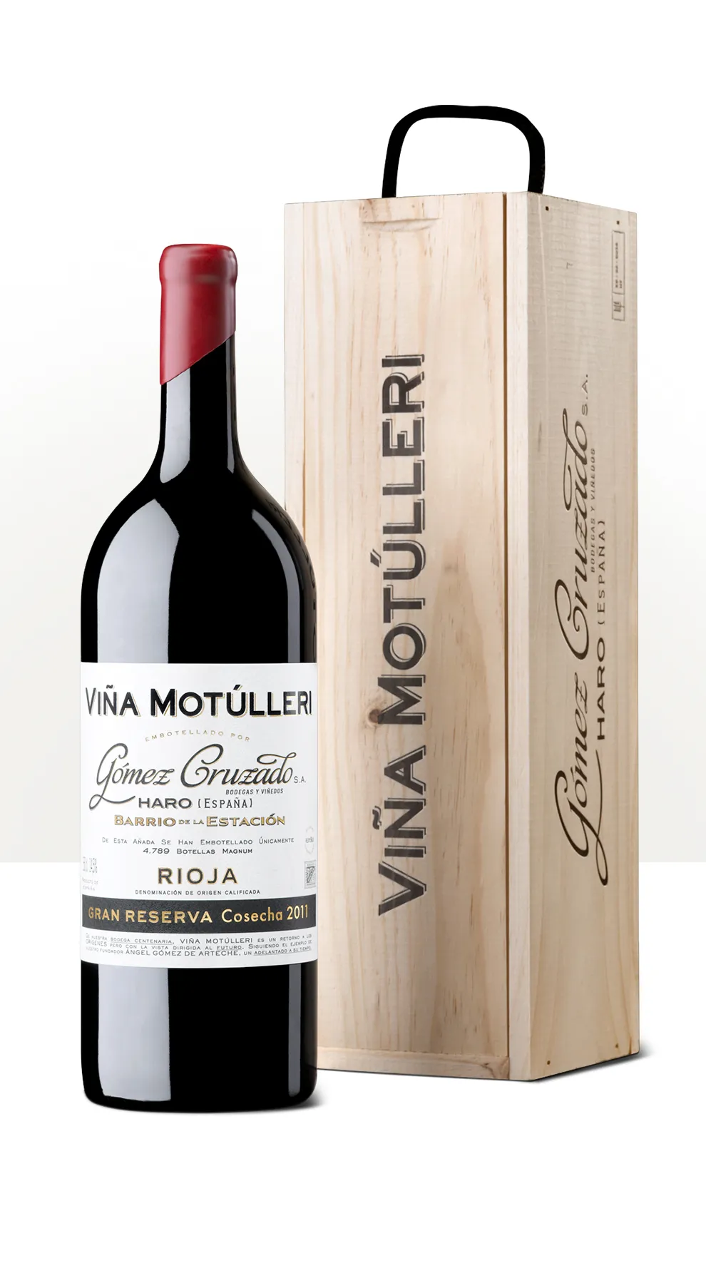 Silueta de una botella de Viña Motúlleri junto a su estuche de madera.
