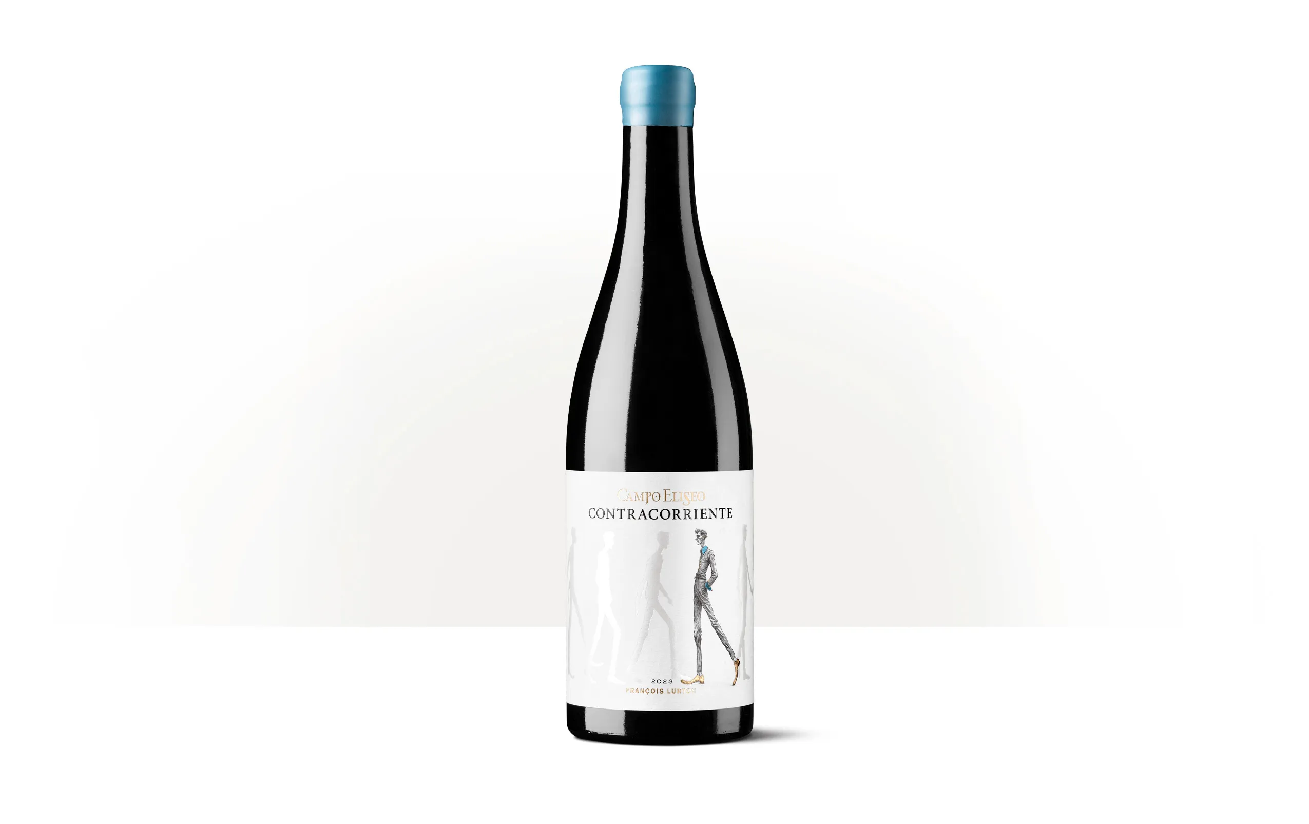 Silueta de una botella de Contracorriente, vino de Toro de Bodegas Campo Elíseo, con etiqueta blanca de ilustración minimalista.
