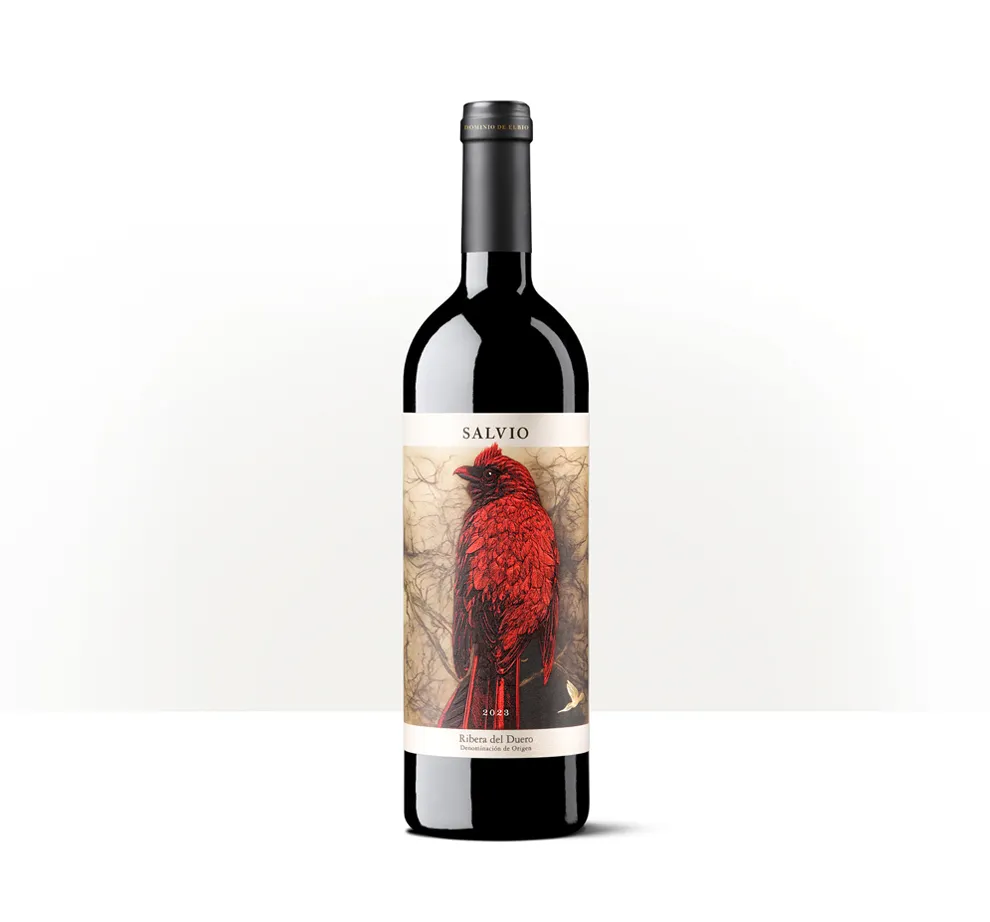 Silueta de una botella de Salvio, vino de Ribera del Duero de Dominio de Elbio, con una ilustración de ave en la etiqueta.
