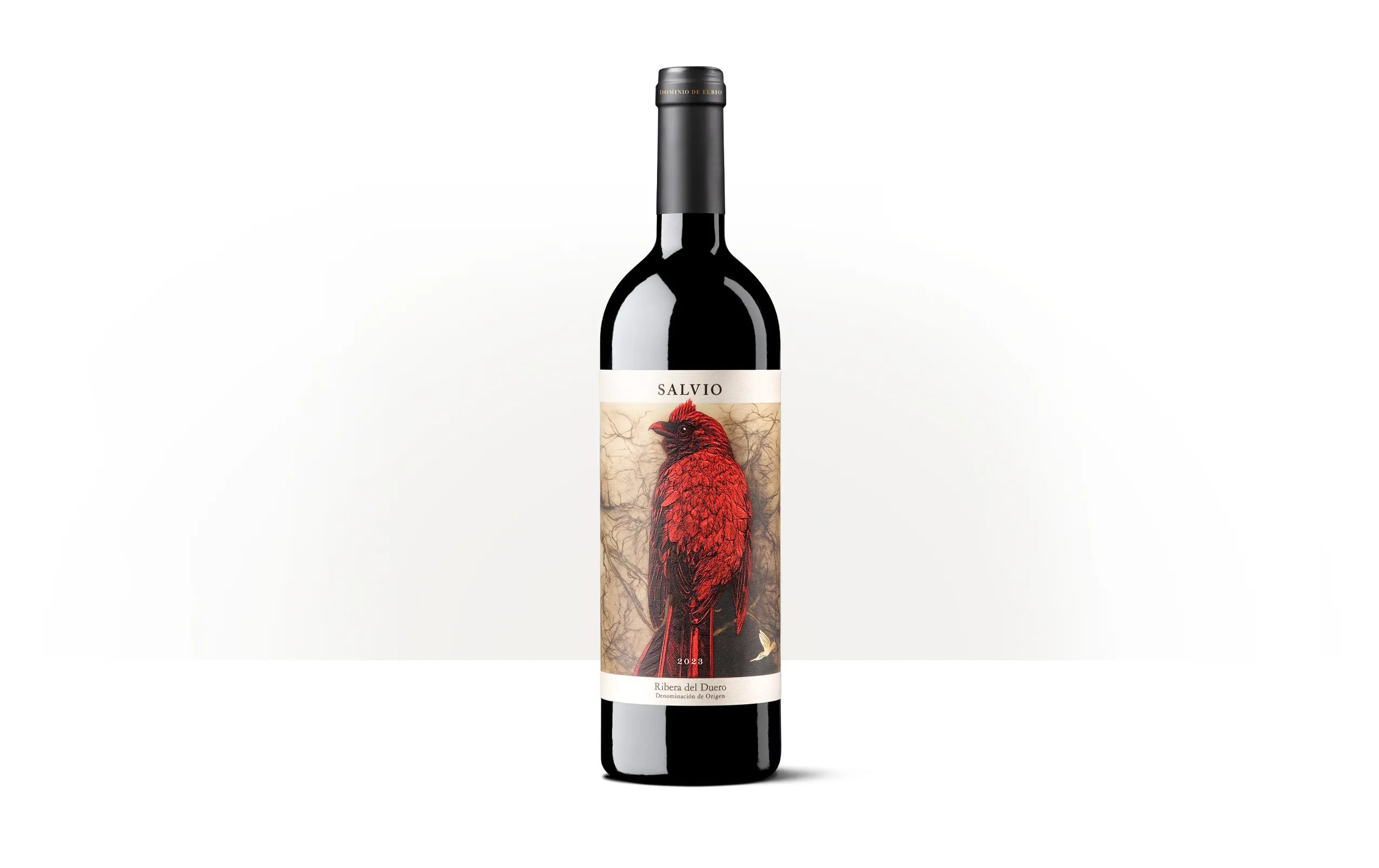 Silueta de una botella de Salvio, vino de Ribera del Duero de Dominio de Elbio, con una ilustración de ave en la etiqueta.