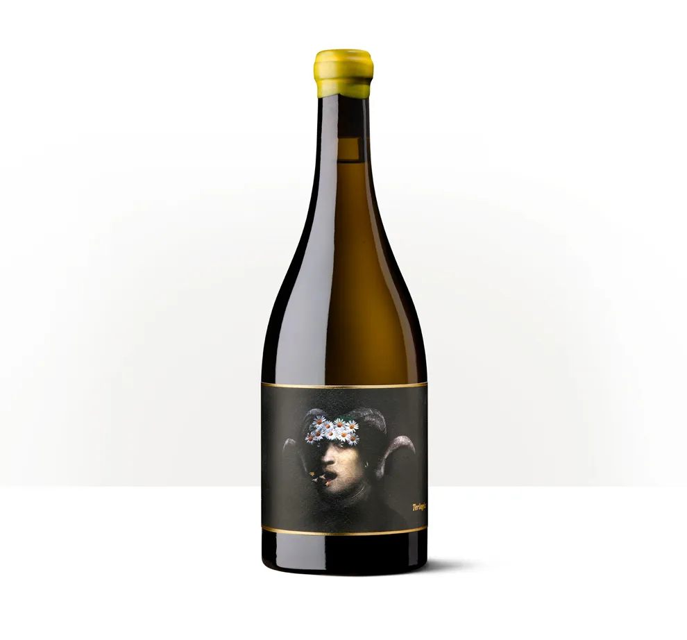 Silueta de una botella de Terlegiz de Oxer Wines, con etiqueta negra y una ilustración en tonos claros.