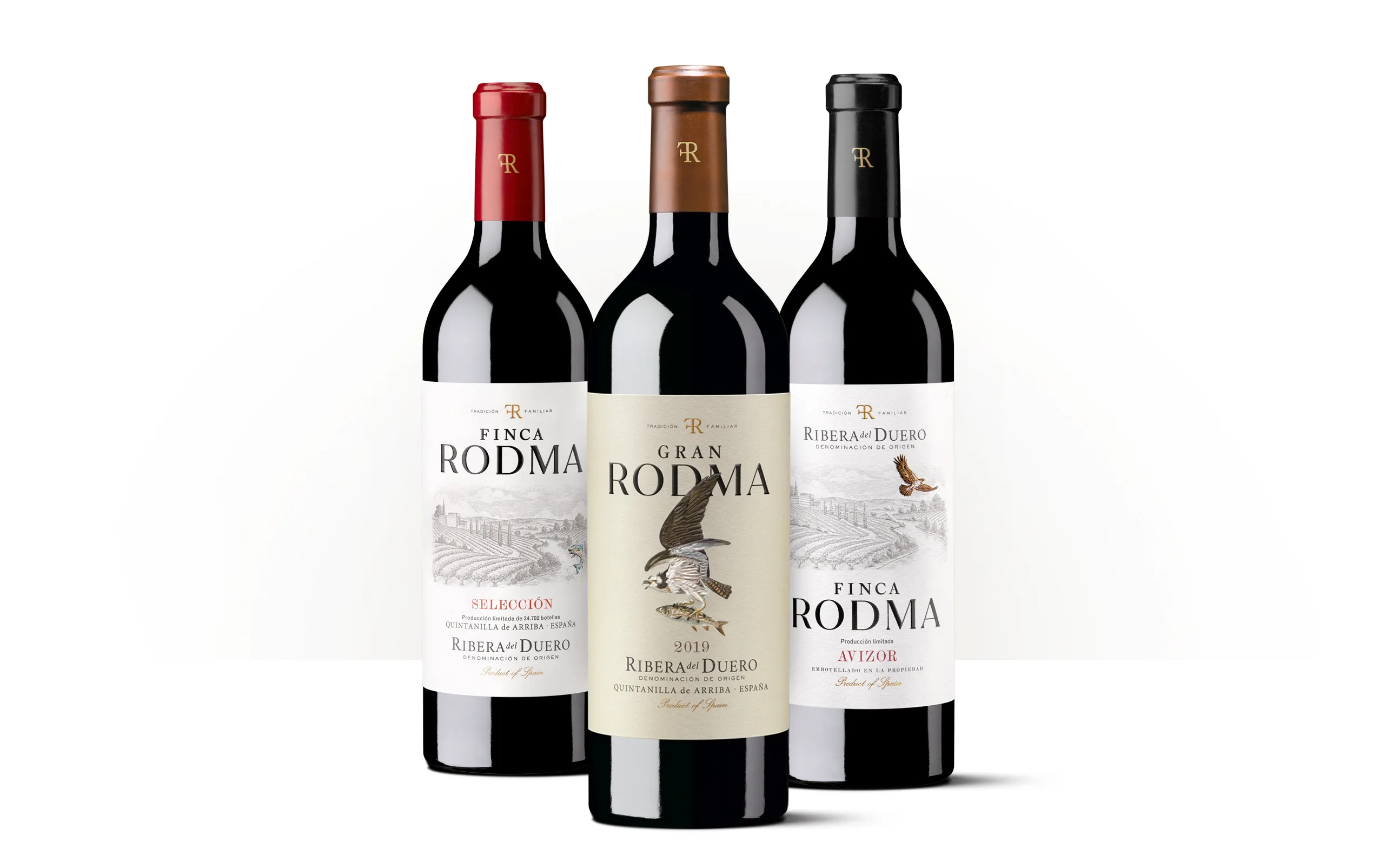 Siluetas de tres botellas de Finca Rodma de Ribera del Duero, con etiquetas ilustradas de fauna y naturaleza.
