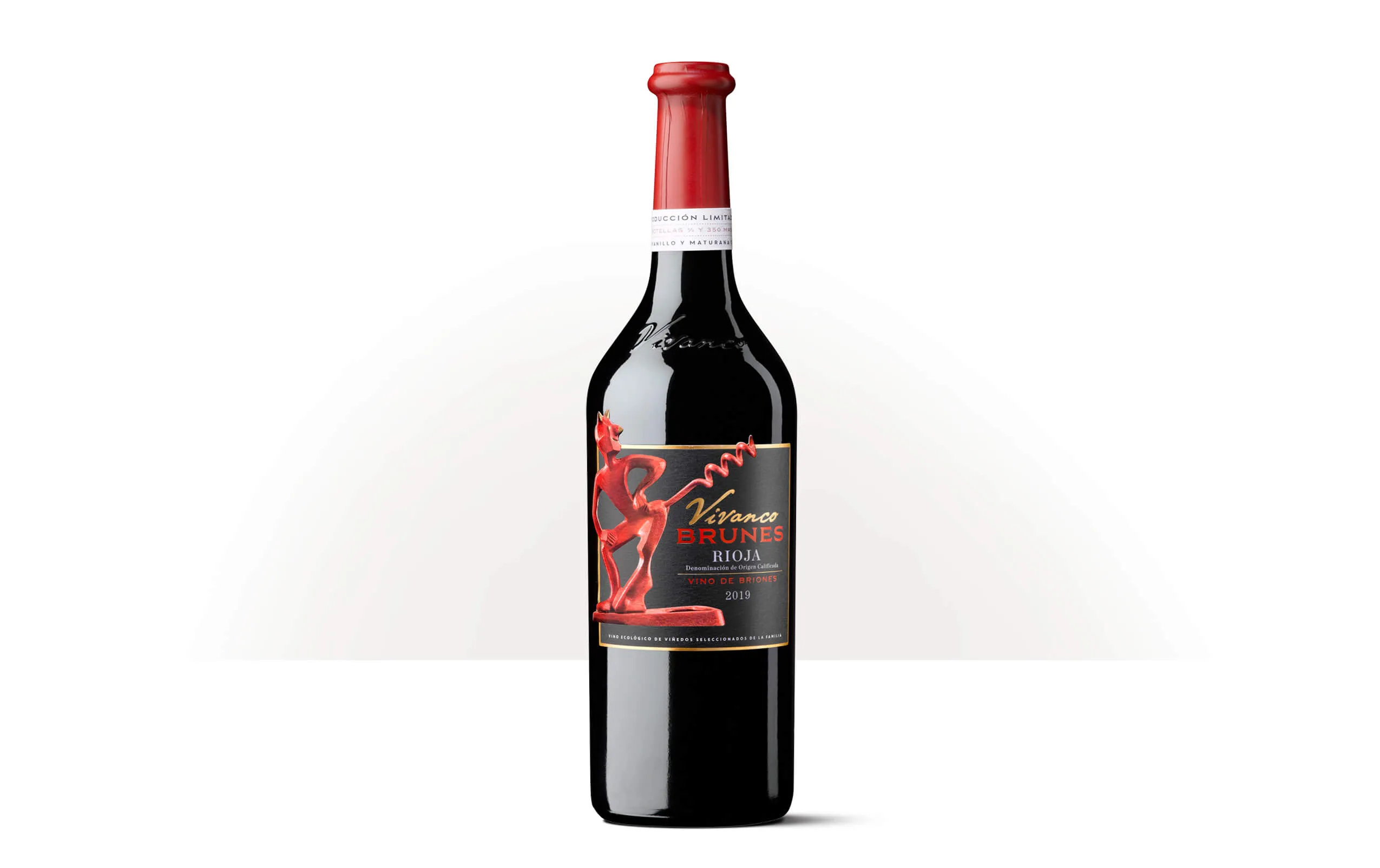 Silueta de una botella de Vivanco Brunes, con etiqueta oscura ilustrada con el sacacorchos Red Devil.