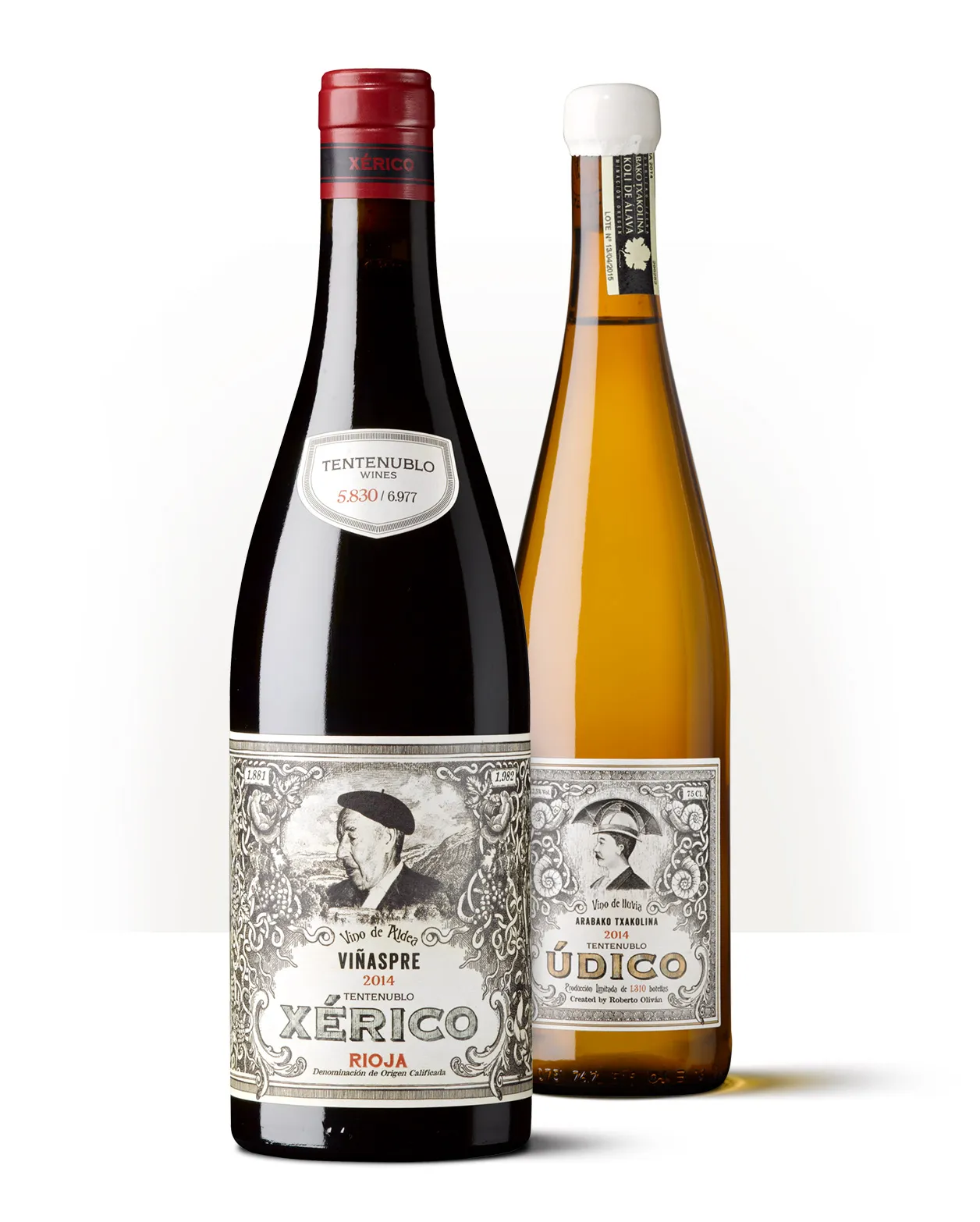 Siluetas de las botellas de Xérico y Údico de Tentenublo Wines, dos vinos inspirados en los suelos árido y húmedo.