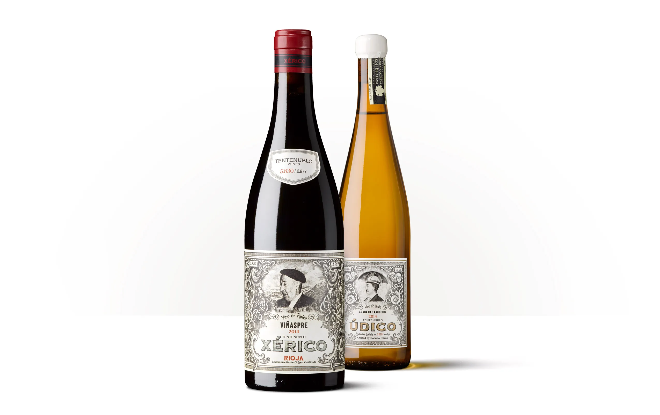 Siluetas de las botellas de Xérico y Údico de Tentenublo Wines, dos vinos inspirados en los suelos árido y húmedo.