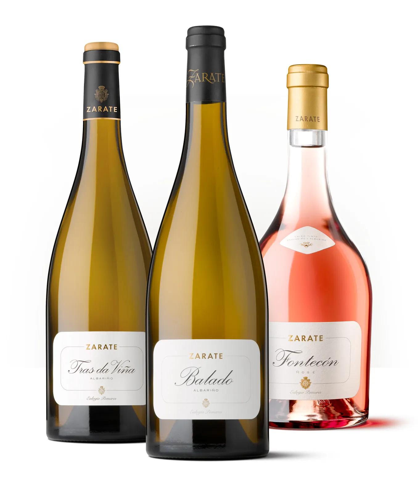 Siluetas de tres botellas de Zarate: dos vinos blancos y un rosado de la bodega gallega.